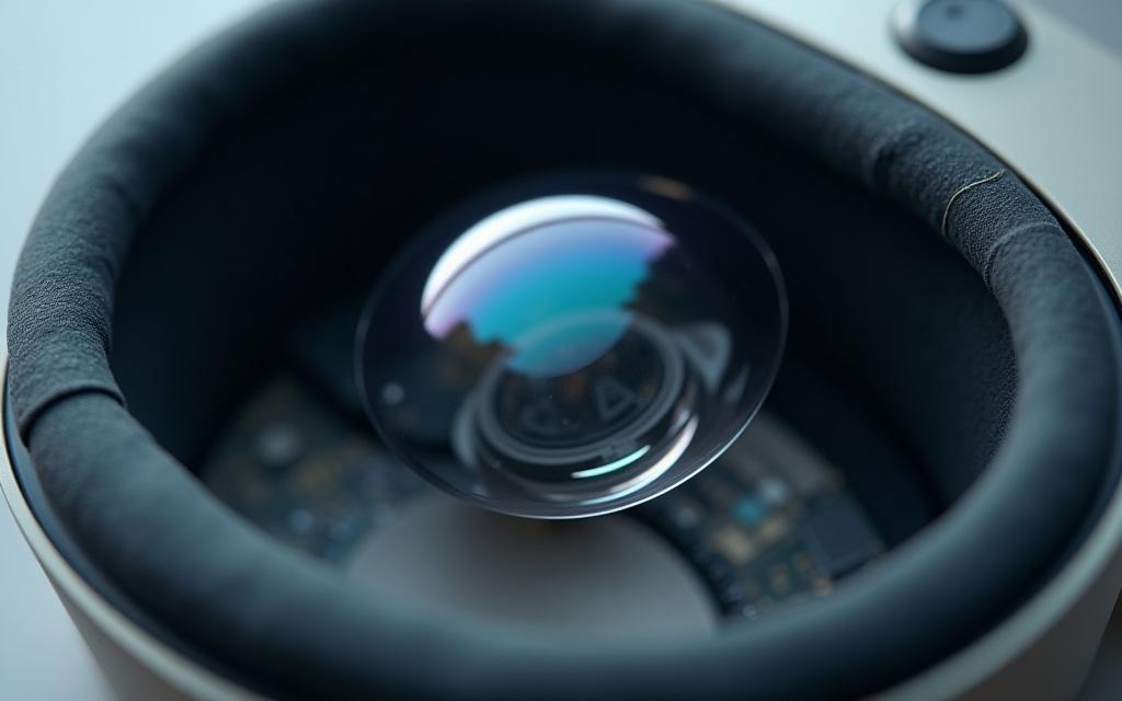 Primo piano di un visore VR smontato con la lente personalizzata di Gemma di Luce in evidenza.