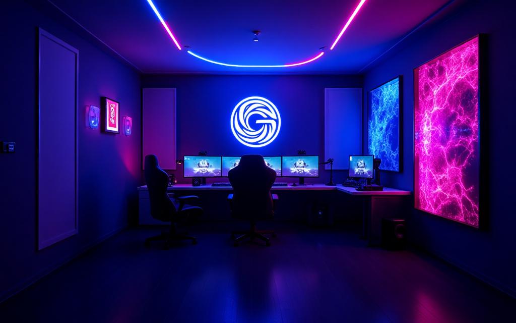 Una stanza da streamer professionale con logo al neon e illuminazione RGB complessa su pareti e scrivania.